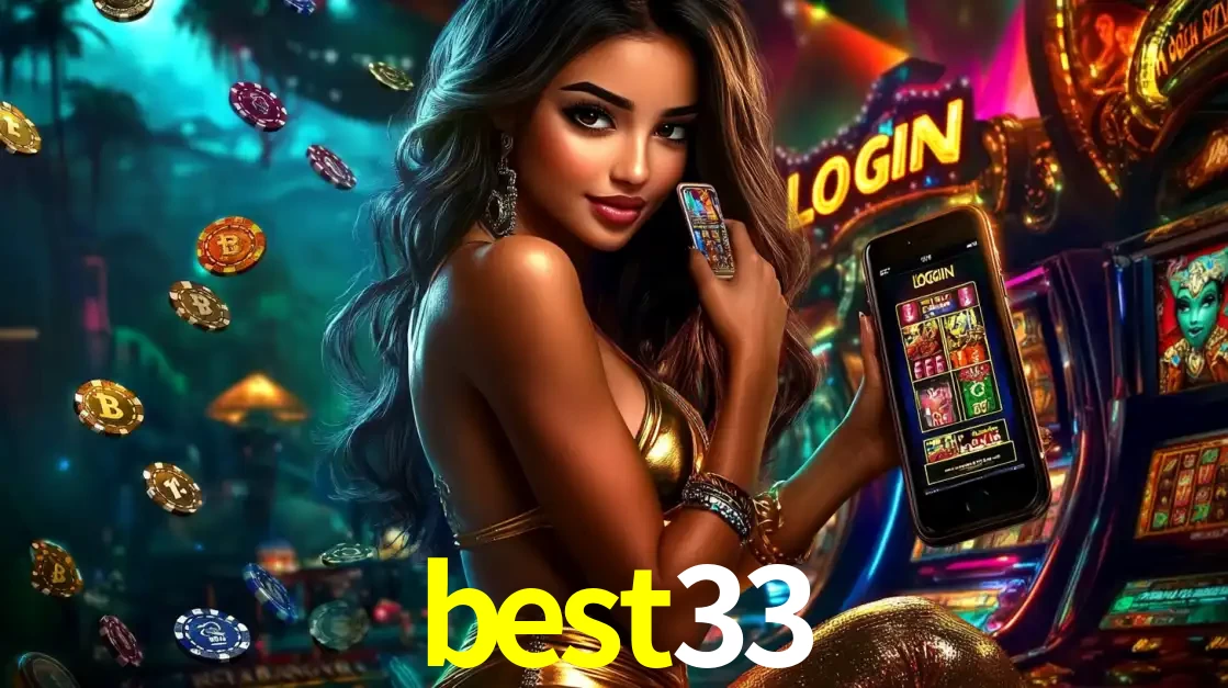 Mulher em um cenário de cassino temático de aventura, mostrando o app de caça-níqueis da best33 no celular. Fichas de apostas flutuam ao redor.