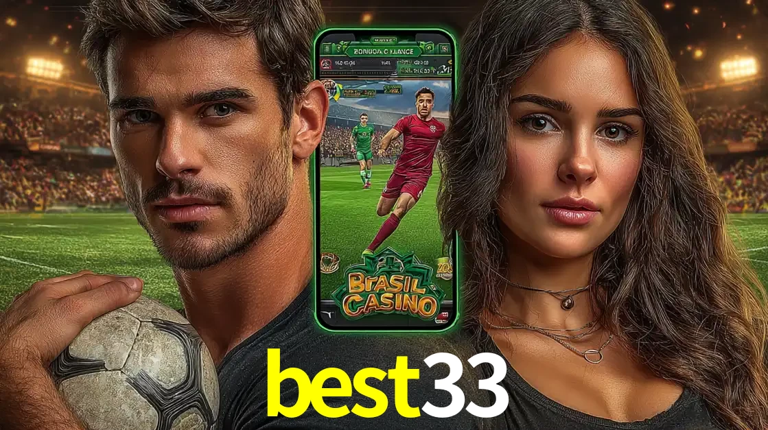 Homem segurando uma bola de futebol e uma mulher ao lado de um smartphone exibindo o jogo de apostas esportivas da best33. Faça seu palpite no cassino online.